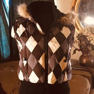BEAUTIFUL ARGYLE FUR TRIMMED HOODY PUFFER VEST